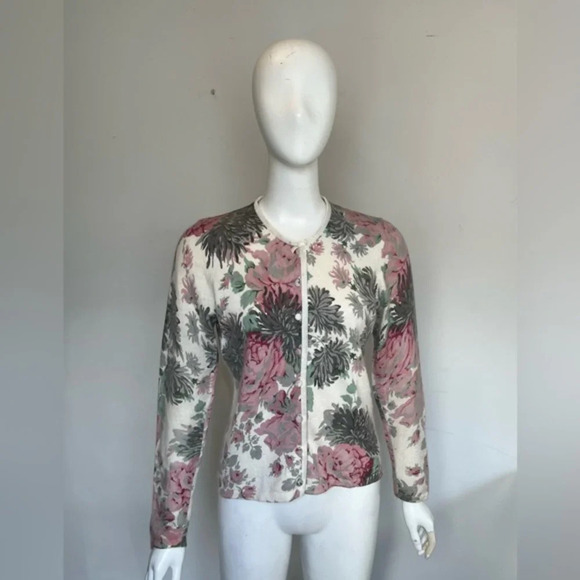 WOMEN'S VINTAGE Cashmere ANGORA Floral Long Sleeve CARDIGAN M - Picture 1 of 9